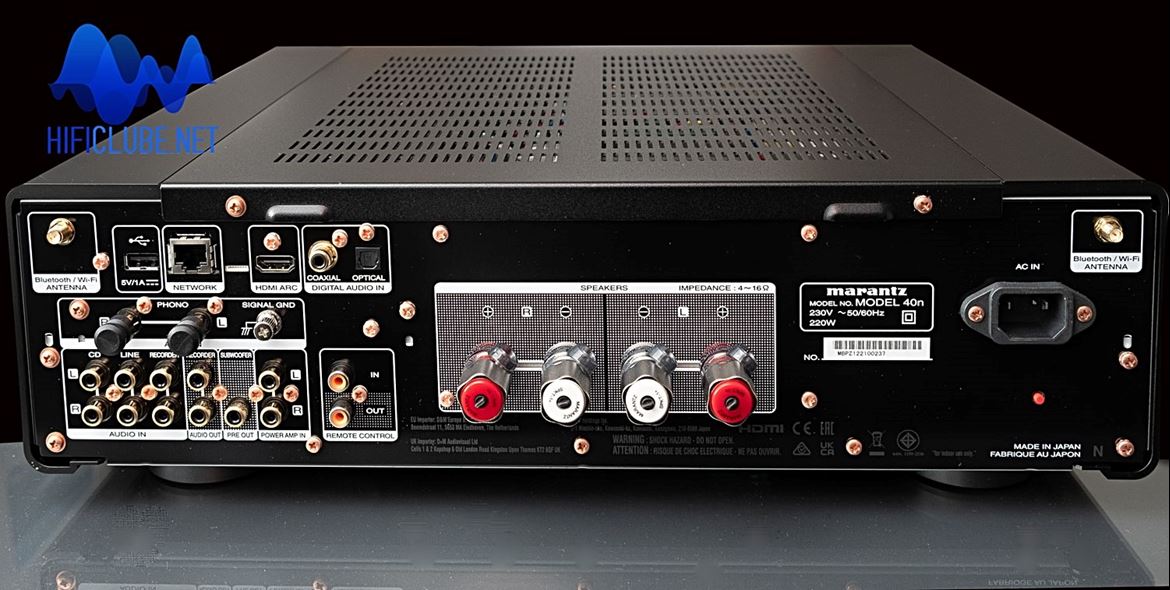 Marantz 40n: Ethernet, HDMI-ARC, USB-A, coax, toslink; Phono, CD, Line in, Recorder in, Power amp in, Recorder out, Subwoofer out, Remote in-ou, and fine speaker terminals.