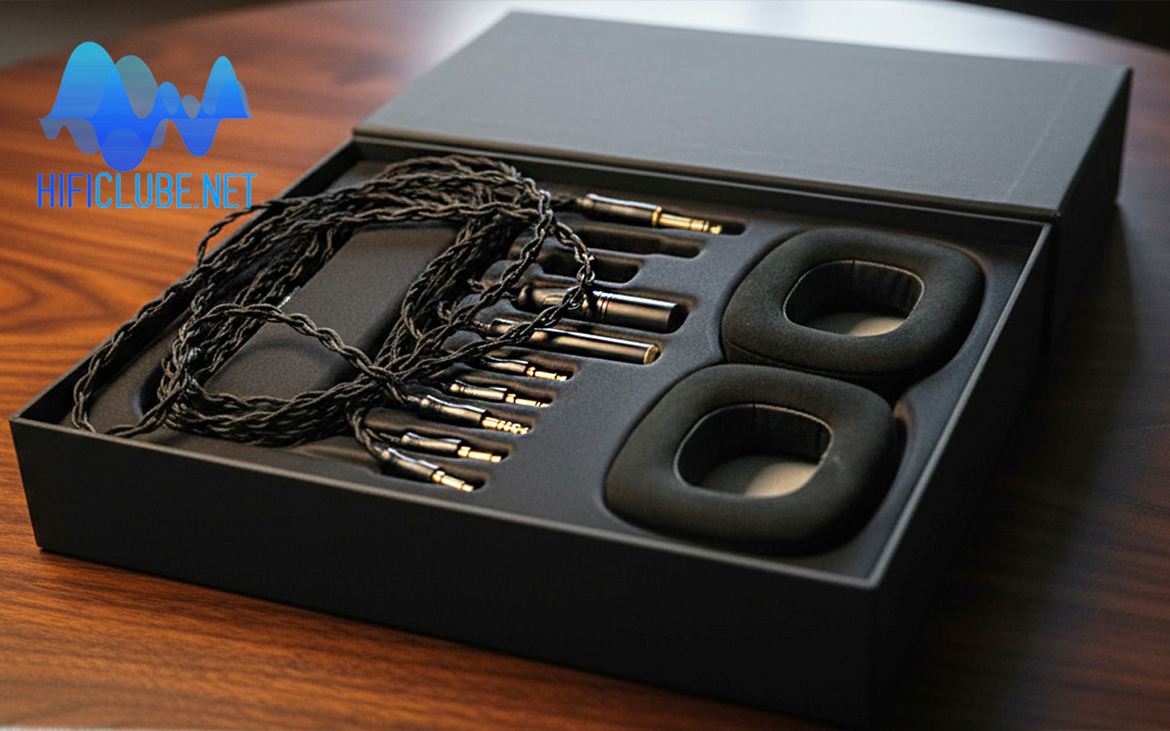 HEDDphones TWO GT - estojo de acessórios: cabos, adaptadores e almofadas de veludo.