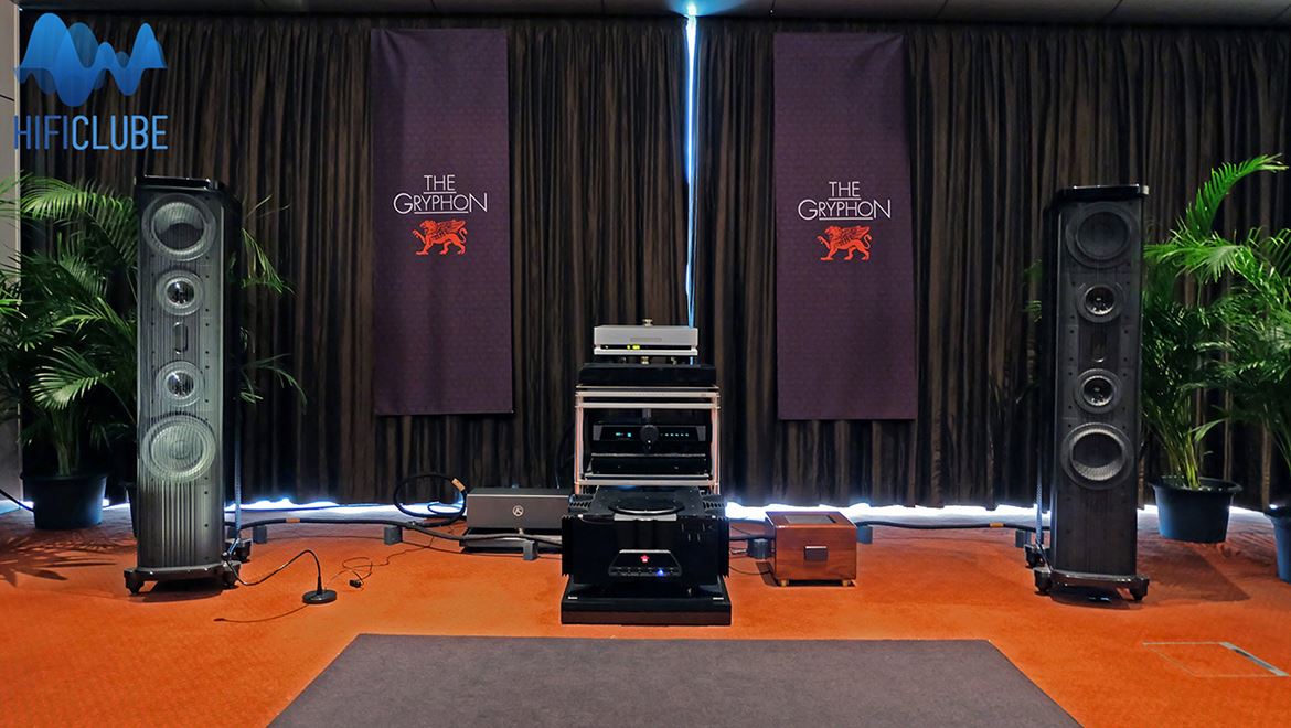 Sala Gryphon: Gryphon Pandora/Antilleon EVO/Pantheon; DAC Trinity, Leitor-CD TAD CD1000, cabos Audiofidem