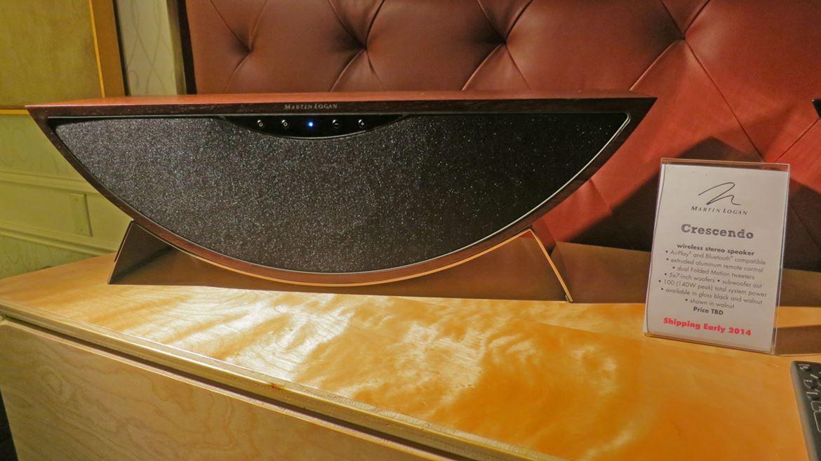 Martin Logan Crescendo wireless stereo speaker. Air Play and Blutooth compatible (photo courtesy R.Franassovici of Absolute Sounds)
