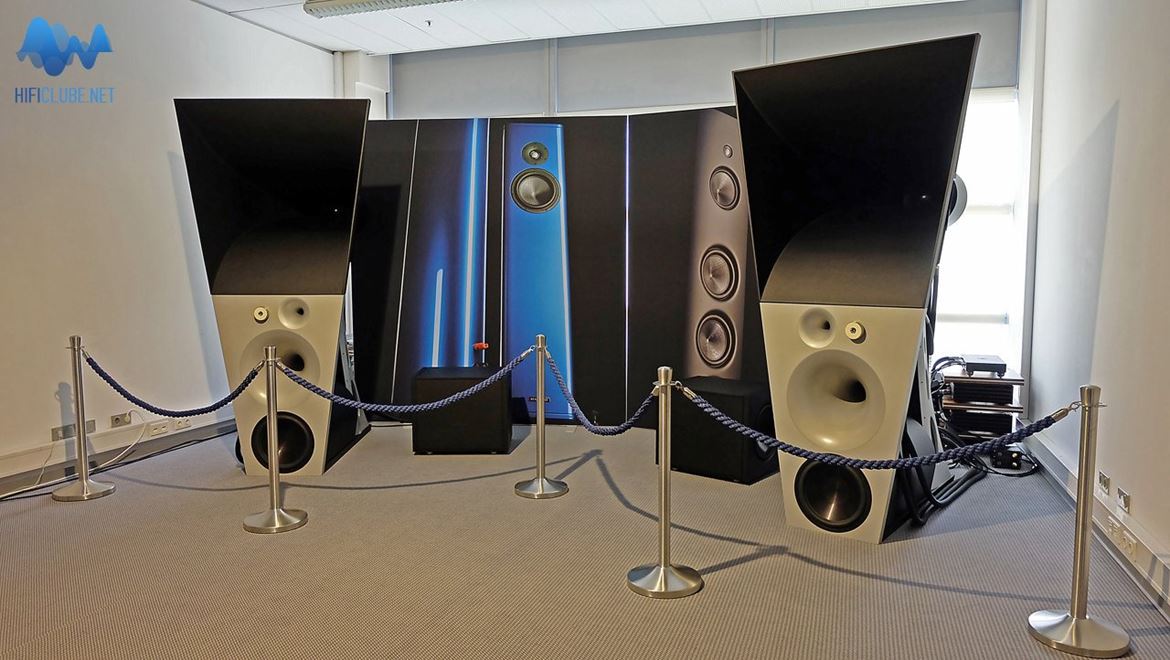 Magico Ultimate III active trihorn loudspeaker system, with associated Pass Labs First Watt and emm labs digital source
