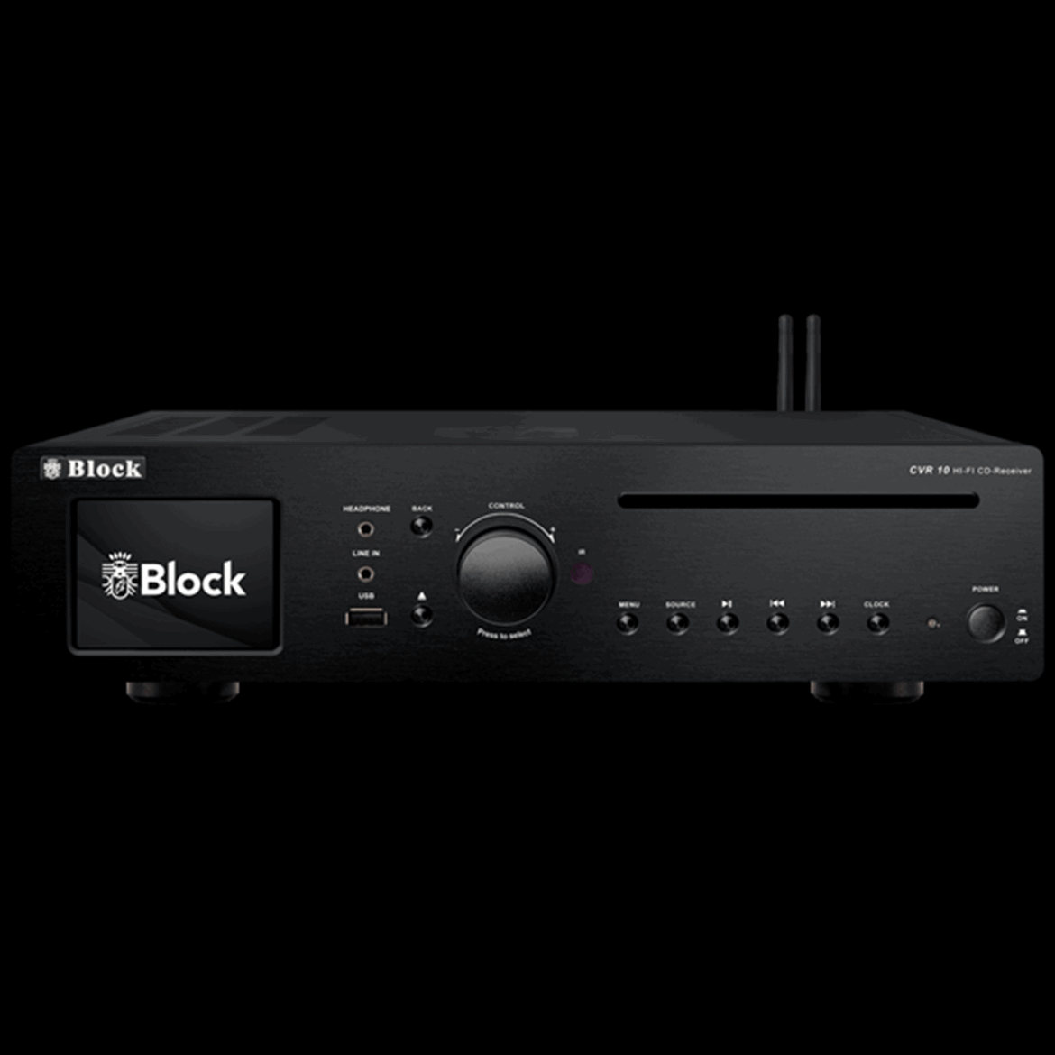 Block Audio CVR-10  -  CD-Internet-Receiver tudo em um. Amplificador toroidal 2 x 30 W, rádio FM/DAB/Internet, ethernet, wifi, bluetooth, spotify, nas, server, media player, Spotify Connect, display a cores com capas, alarme duplo.