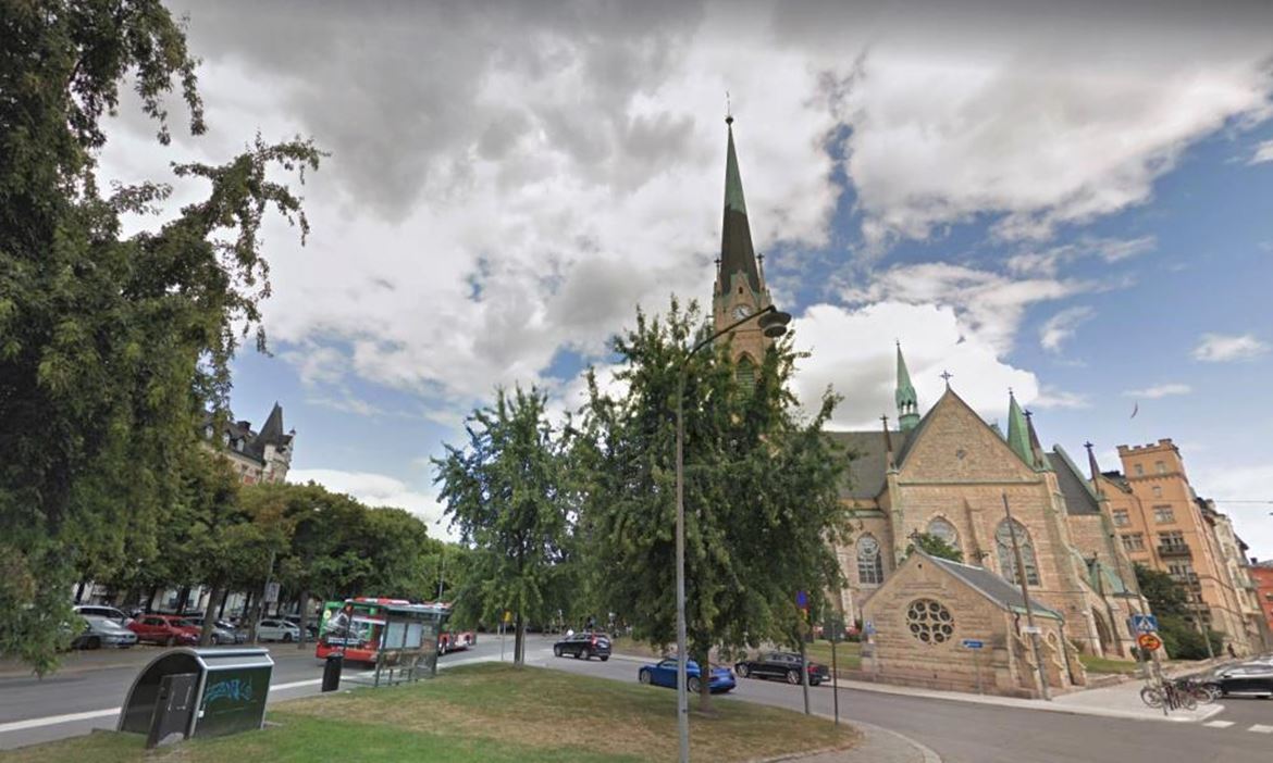 Bus stop near the neo-Gothic Oscar Church in Stockholm, where Cantate Domino was recorded.