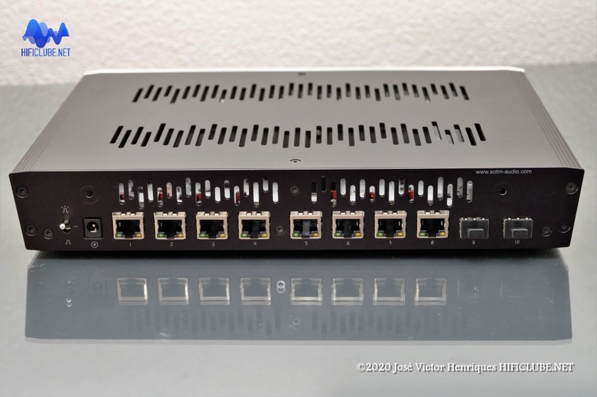 Painel traseiro do sNH-10G: 8 entradas RJ45 (Ethernet) e 2 SFP (ópticas)