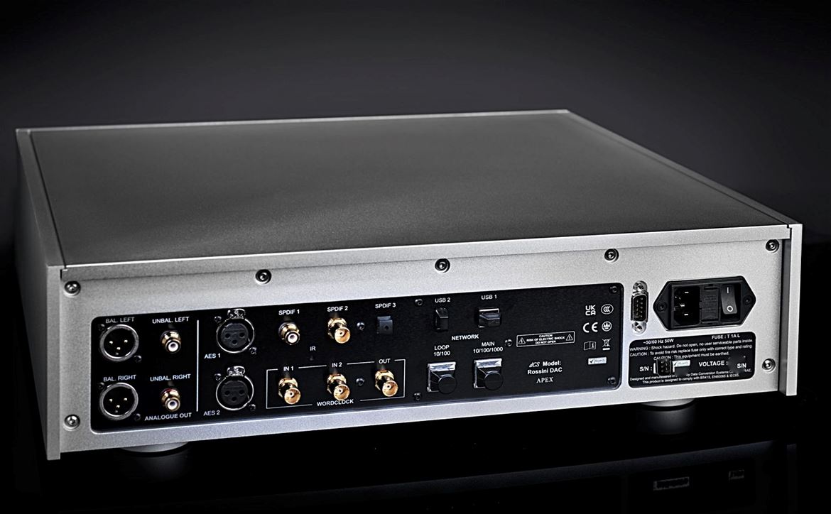 At the back, balanced and single-ended outputs; inputs 2 x AES/EBU on XLR, 1 x BNC, 1 x SPDIF on RCA and optical Toslink, USB A and B. Plus BNC in and out connectors for an external clock. (photo courtesy dCS)