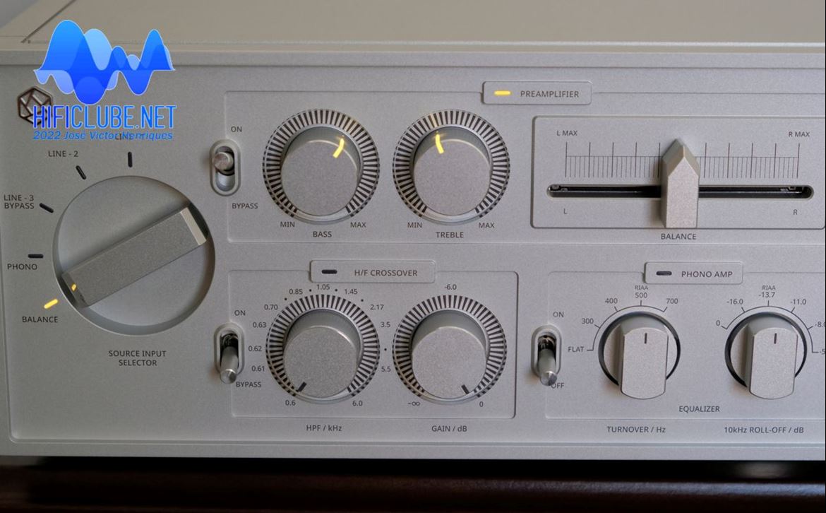 From left to right: source selector (Nagra type); tone controls (above); H/F Crossover (below; channel balance slider; Phono equalisation.