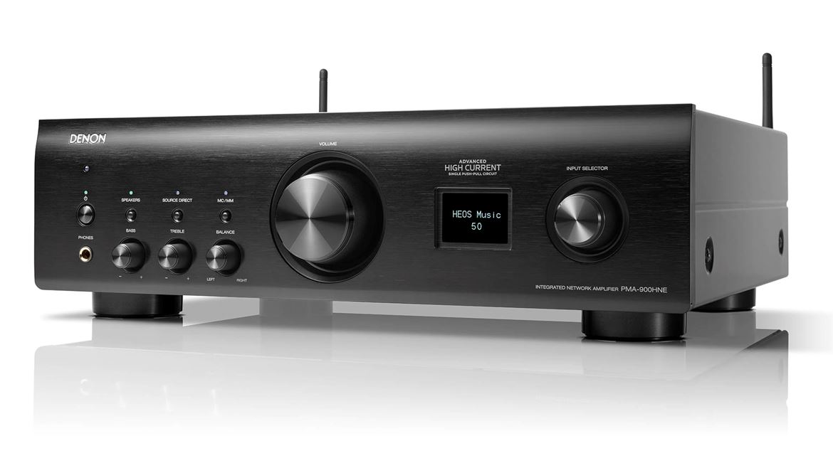 Denon PMA900HNE_ Saída para auscultadores, controlos de tonalidade (Source Direct), equilíbrio entre canais, controlo de volume rotativo (eletrónico) seletor de fontes com mostrador.