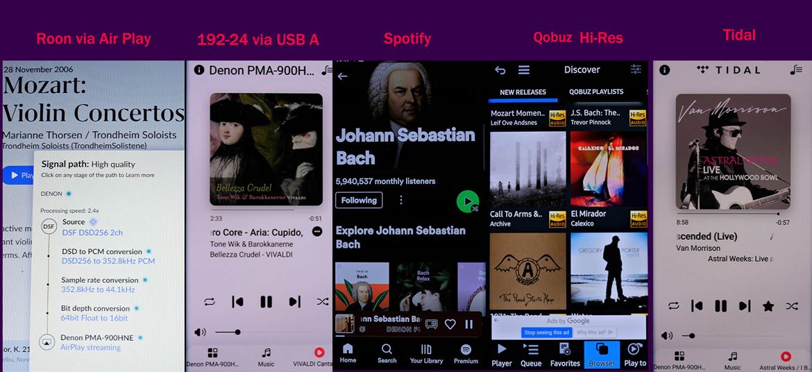 Denon PMA900HNE - (left to right): Roon (DSD c/ downsampling para PCM 44/16 via AirPlay; USB-A, Spotify, Qobuz (mConnect Lite), Tidal.