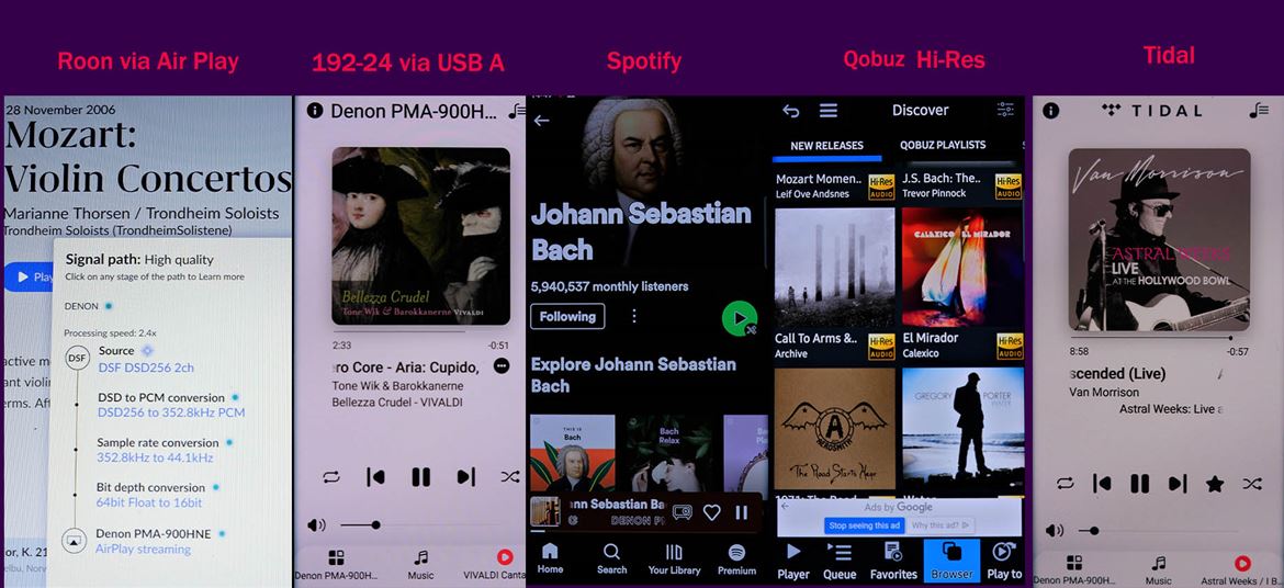 Denon PMA900HNE - (da esq para dir.): Roon (DSD c/ downsampling para PCM 44/16; USB-A (PCM192 e DSD128), Spotify, Qobuz (mConnect Lite), Tidal.
