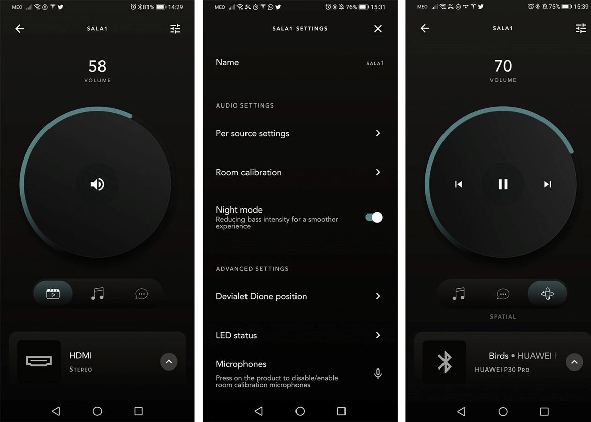 Left to right: Movie Mode with HDMI; Night Mode (reduces bass); Spatial Mode with Bluetooth