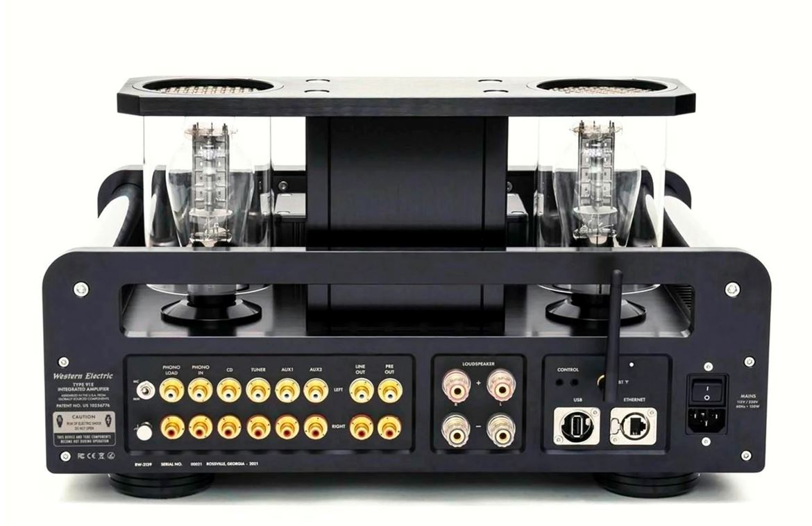 Four RCA inputs + phono input with an MC/MM toggle switch and external loading RCAs; USB-A and Ethernet (RJ45) ports for factory maintenance and updates;  Line Out and Pre Out .