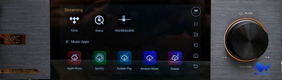 Eversolo Master Edition DMP-A6 - Painel de seleção de serviços de streaming e internet radio.