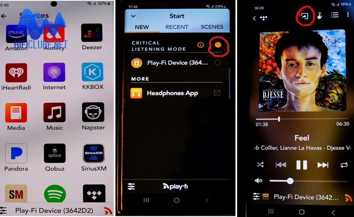 TS Play Fi: on the left, a list of streaming services; in the centre, the button activating the Critical Listening mode is marked in red; on the right, the button activating the Transfer Playback function is marked in red.