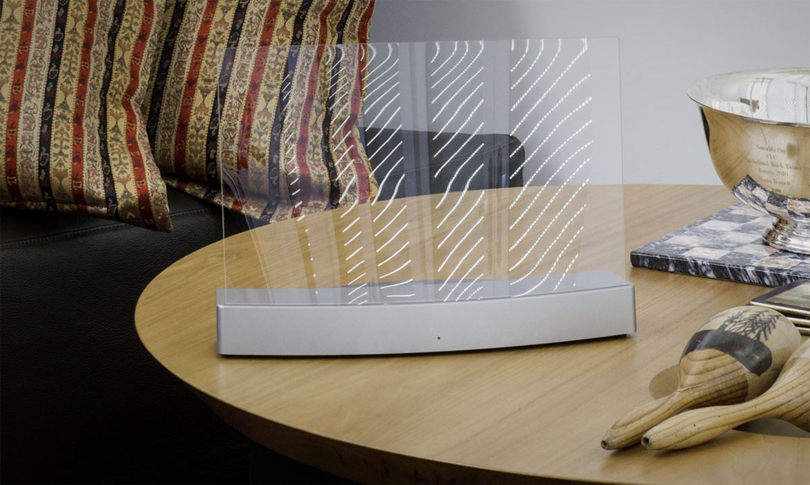 Clearview Clio, coluna de mesa literalmente transparente. Recepção por Bluetooth. Sinal faz vibrar o vidro e produz som...