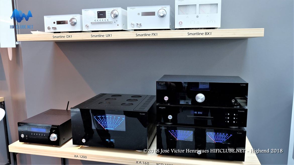 As colecções branco e preto da Advance Acoustic. Em cima, a linha Smartline; em baixo os amplificadores com vuímetros iluminados XA1200 e XA160.